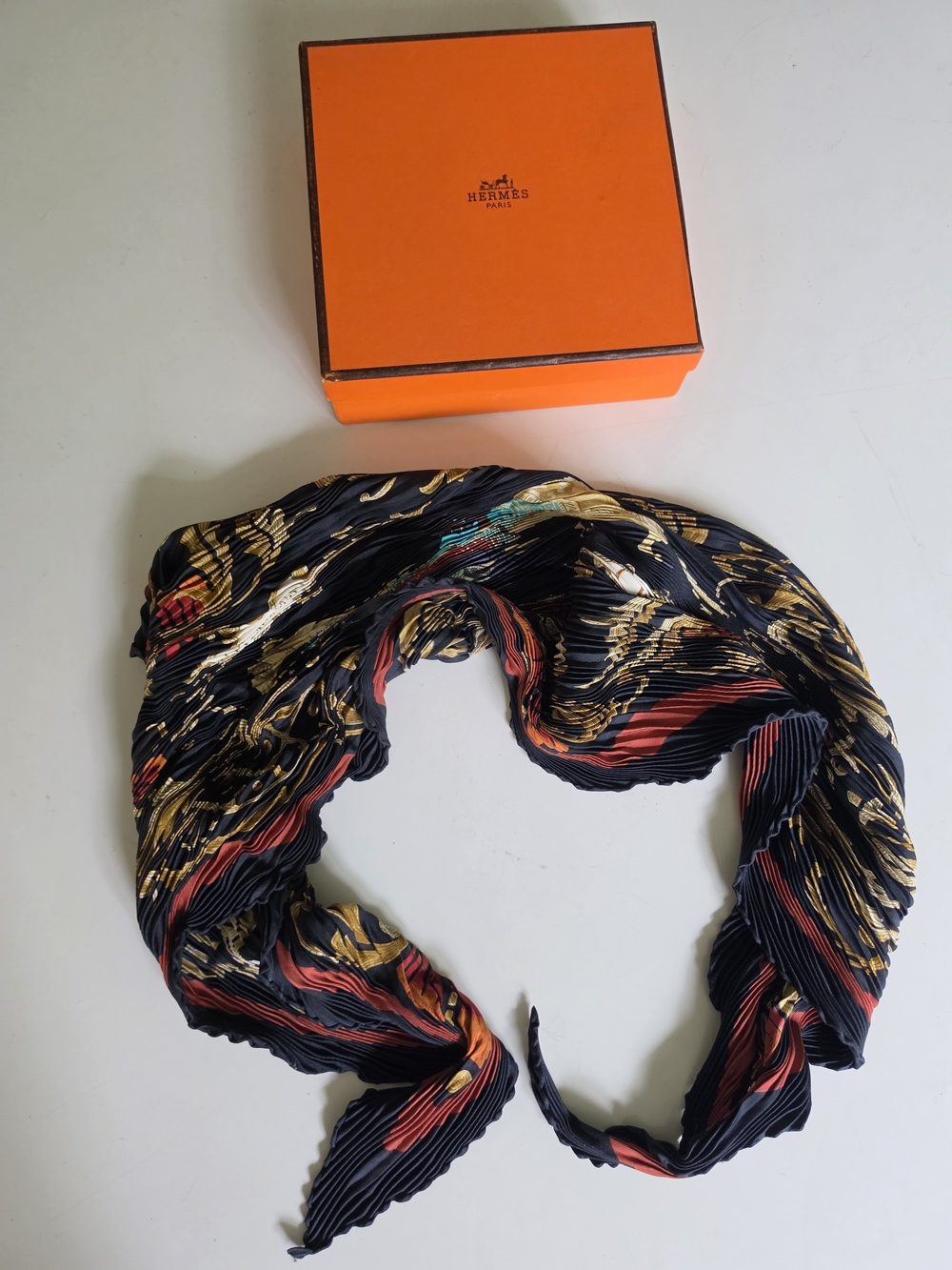 Hermes Black Pleated Silk Scarf with Gold and Red Accents